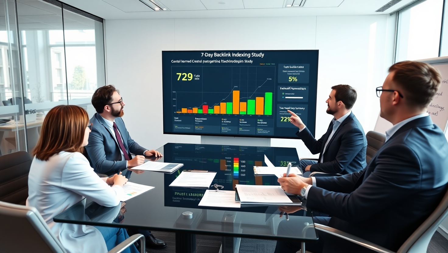 A modern corporate conference room where a team analyzes backlink indexing results on a large touchscreen display