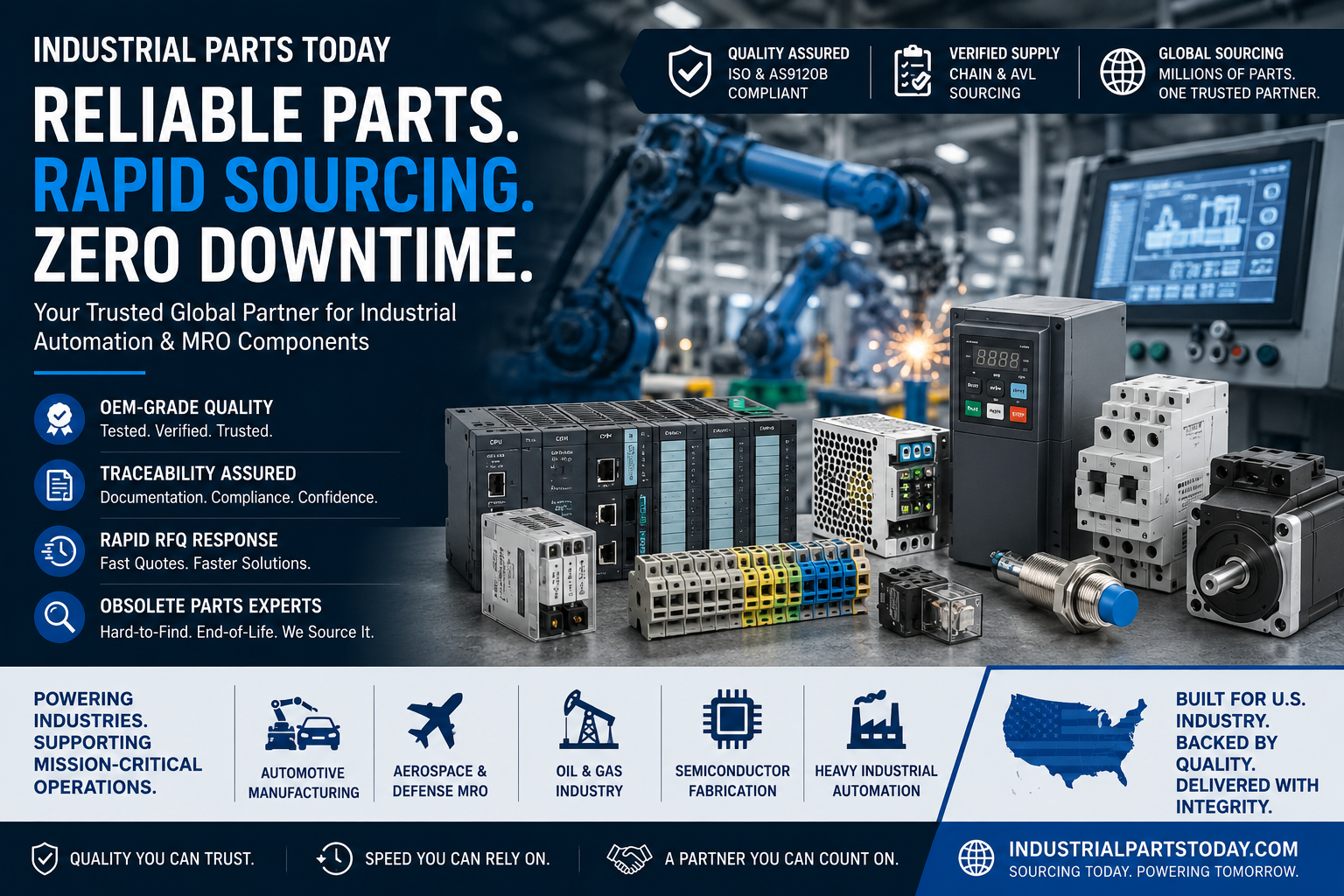 “Industrial Parts Today banner showing reliable industrial automation parts sourcing, PLCs, drives, sensors, and MRO components with factory robotics background, highlighting rapid sourcing, traceability, and OEM-grade supply for U.S. industries.”