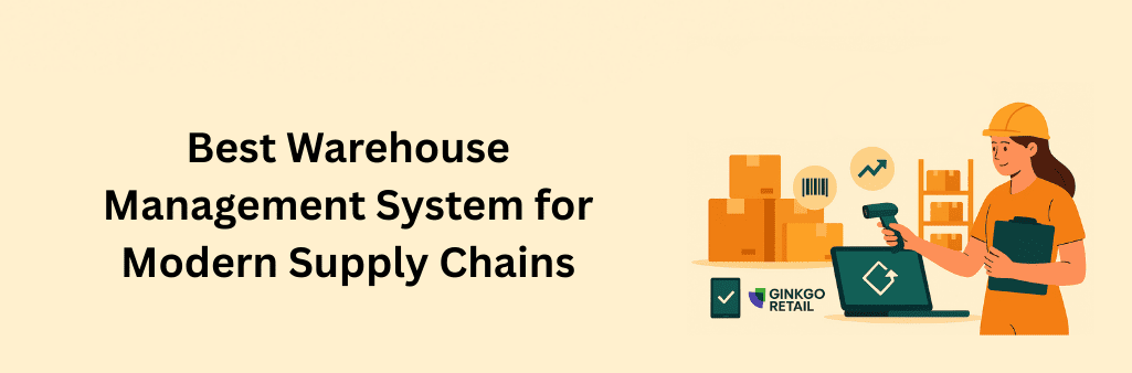 Illustration of a warehouse worker in an orange shirt and yellow hard hat scanning boxes with a barcode scanner, standing next to stacked boxes, shelves, a laptop, and the Ginkgo Retail logo, representing the best WMS for modern supply chains.