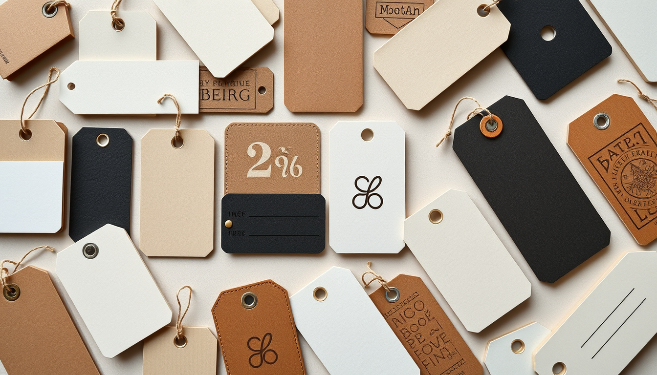 Grid layout showing various hang tag types — kraft, glossy, die-cut, and embossed.