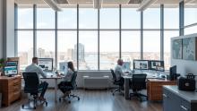 A bright, modern Huntsville web design agency office featuring floor-to-ceiling windows showcasing the Tennessee River and downtown skyline. The space highlights five professional services through active work areas.