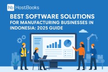 A professional blue-themed banner for HostBooks showcasing the title “Best Software Solutions for Manufacturing Businesses in Indonesia: 2025 Guide.” The HostBooks logo appears at the top left, while illustrations of factory workers, machinery, and a large analytics dashboard represent modern manufacturing and ERP solutions.