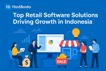 Illustration showing retail professionals using digital tools, including a large analytics dashboard, tablets, and clipboards. A storefront with a red-and-white awning and a shopping cart labeled “Sale” appears beside them. The HostBooks logo is at the top left, and the title “Top Retail Software Solutions Driving Growth in Indonesia” is displayed prominently on a blue background.