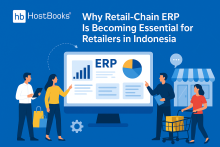 A blue-themed illustration showing the HostBooks logo at the top left and the title “Why Retail-Chain ERP Is Becoming Essential for Retailers in Indonesia” displayed horizontally. At the center, a large screen shows ERP dashboards with charts and data. Several people stand around the screen—some holding devices, others pointing at the data. A small retail shop and a shopper with a cart appear on the right side, representing retail operations.
