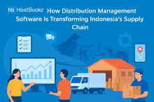 Illustration showing HostBooks branding with people managing logistics using distribution management software, including a warehouse, delivery truck, inventory boxes, analytics dashboard, and a map of Indonesia, representing digital transformation of Indonesia’s supply chain.