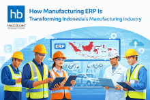 Illustrated infographic showing the HostBooks logo at the top left with the title “How Manufacturing ERP Is Transforming Indonesia’s Manufacturing Industry” in blue. Multiple manufacturing professionals wearing safety helmets and vests use digital tablets inside a smart factory, with ERP dashboards, a cloud system, automation robots, and a highlighted map of Indonesia in the background, representing digital transformation through Manufacturing ERP.