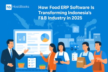 Illustration of people using Food ERP software with HostBooks logo, dashboards, factory elements, and Indonesia map in blue theme.