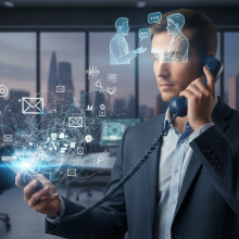 A professional man in a suit standing in a modern office with a London skyline view, holding a smartphone in one hand and a classic telephone receiver to his ear. A creative digital overlay emerges from the phone, featuring icons for emails, web browsing, and analytics, while a glowing hologram above his head depicts two people engaged in a meaningful conversation.