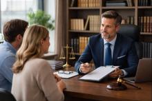 A professional and realistic scene of family law specialists consulting with clients in a modern office, discussing legal documents in a calm and supportive environment, representing expert guidance in family law matters.