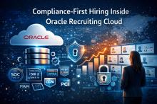 "Digital banner illustrating compliance-first hiring inside Oracle Recruiting Cloud, featuring Oracle cloud, glowing database servers, security and compliance certifications (SOC 2, ISO 27001, HIPAA, CCPA), and a professional evaluating candidate profiles amidst a high-tech, data-driven backdrop