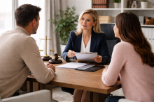 A professional and realistic scene of family law specialists consulting with clients in a modern office, discussing legal documents in a calm and supportive environment, representing expert guidance in family law matters.
