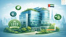 Modern green building in UAE illustrating LEED certification with energy efficient design, sustainability features, and environmental performance elements