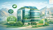 LEED certified sustainable commercial building in Oman with solar panels and green architecture supported by LEED certification consultant