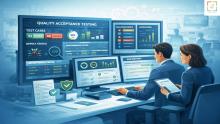 Software testing consultants reviewing quality acceptance testing results with dashboards showing test cases, defect tracking, and performance metrics