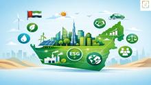 UAE map illustrating sustainability consultancy in Dubai and across the UAE with ESG consulting icons, green buildings, renewable energy, and responsible business practices