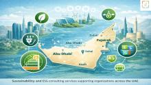 UAE map illustrating sustainability consultancy and ESG consulting services across multiple emirates including Dubai and Abu Dhabi