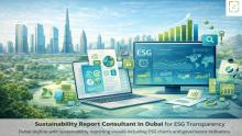 Dubai skyline with sustainability reporting visuals including ESG charts and governance indicators