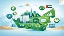 UAE map illustration showing sustainability reporting consultancy with ESG icons, data analytics, and responsible business reporting elements