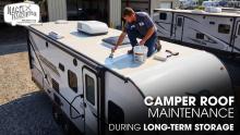 A Male Technician doing Roof Sealing of a Jayco Camper Roof parked outside of a workshop