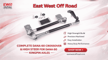 Dana 60 Kingpin crossover and high steer components with billet arms, DOM tubing, steering ends, and mounting hardware