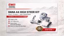 Improve Dana 44 or Chevy 10 Bolt steering with EWO’s 1-ton high steer kit, flat top knuckle, billet arm, pitman arm, and hardware.