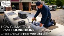 A Technician Repairing a Class A Motorhome's Roof Vent Outside Of a Workshop