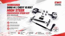 East West Off Road Dana 44 crossover steering kit with EWO branding, showing billet knuckles, arms, linkage, and hardware machined in-house