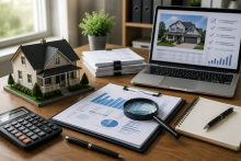 Professional residential appraisal management setting with a home model, property valuation documents, calculator, laptop showing real estate data, and an appraiser reviewing information at a desk.
