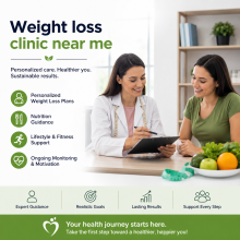 Professional wellness consultation at a weight loss clinic, with a patient discussing personalized weight management and healthy lifestyle goals with a healthcare professional.