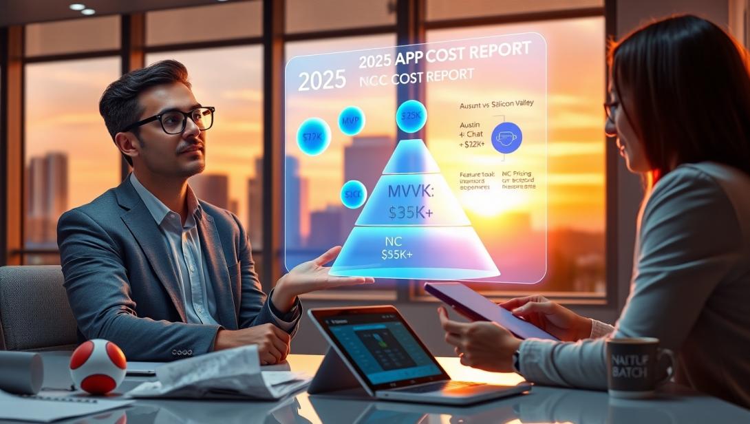Durham analysts view holographic 2025 pricing report showing NC app development costs compared to national averages in high-tech office.