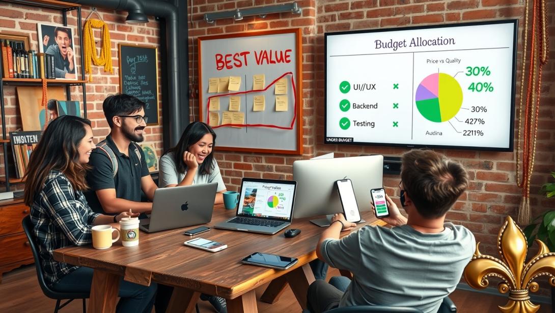 Startup team in New Orleans coworking space analyzing budget charts on laptops, with local snacks and efficiency diagrams on whiteboard.