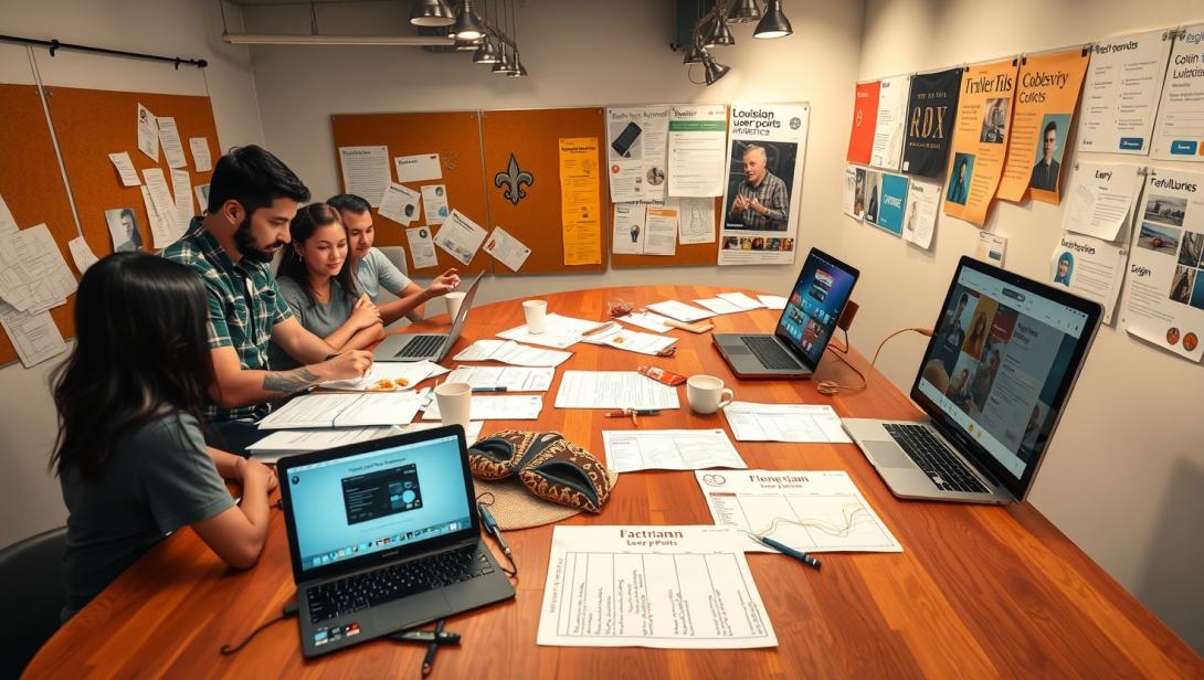 Team collaborating in a modern workspace, tracking student app development progress on laptops and printed reports, ensuring project milestones are met without compromising excellence.