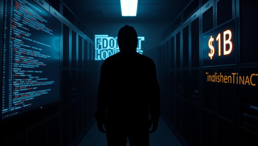 A silhouetted blockchain developer vanishes from a dark server room, leaving behind superior code that outshines Ethereum's architecture, demonstrating disruptive blockchain app development. The scene uses high-contrast cinematic lighting with intense code glows against deep shadows, illustrating the mysterious creation of revolutionary technology.
