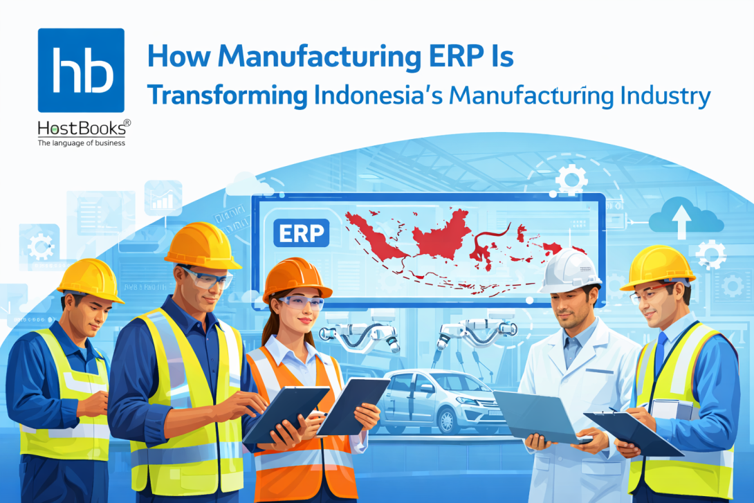 Illustrated infographic showing the HostBooks logo at the top left with the title “How Manufacturing ERP Is Transforming Indonesia’s Manufacturing Industry” in blue. Multiple manufacturing professionals wearing safety helmets and vests use digital tablets inside a smart factory, with ERP dashboards, a cloud system, automation robots, and a highlighted map of Indonesia in the background, representing digital transformation through Manufacturing ERP.
