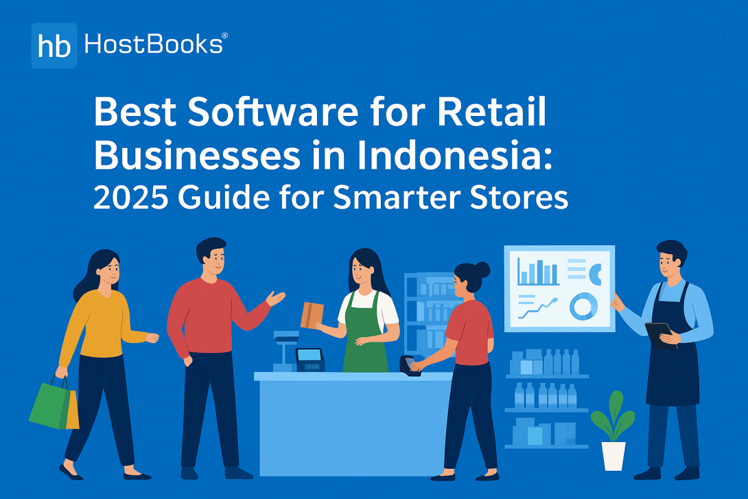 Banner image for HostBooks showing retail store staff and customers interacting with POS and inventory systems, featuring charts, shelves, and digital tools. HostBooks logo aligned at the top left with the title ‘Best Software for Retail Businesses in Indonesia: 2025 Guide for Smarter Stores’ displayed horizontally on a blue background.