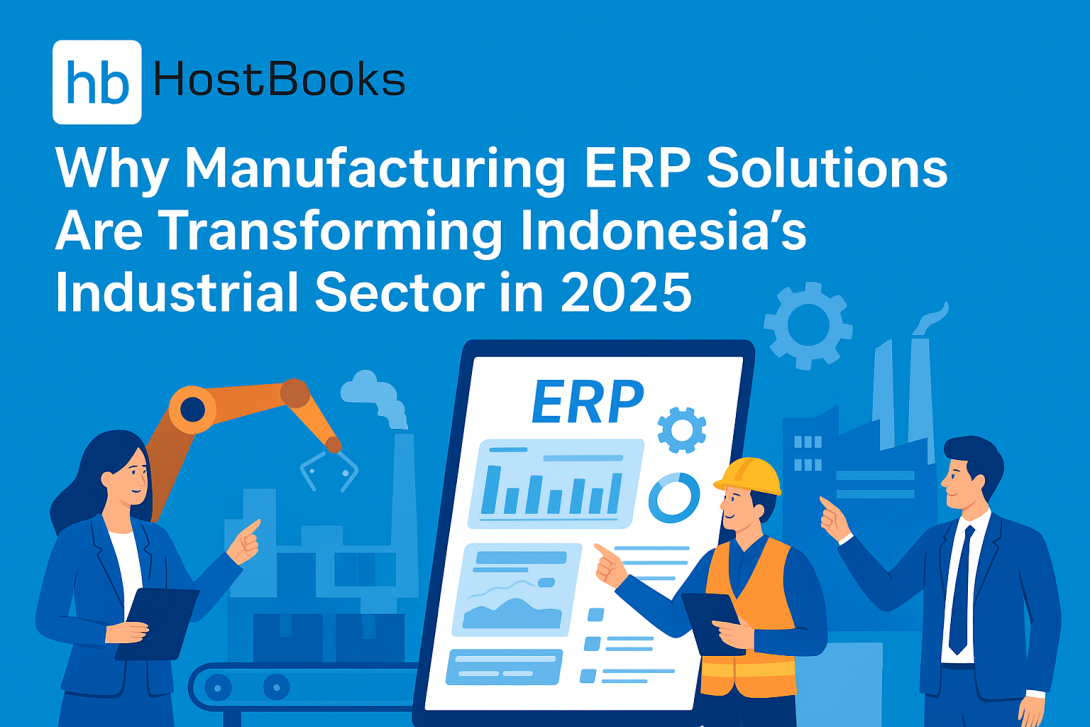 A modern factory illustration highlighting the impact of manufacturing ERP solutions in Indonesia. The visual includes professionals working with a digital ERP dashboard, automated machinery, robotic arms, and industrial buildings, representing improved efficiency and digital transformation in the Indonesian manufacturing sector in 2025.