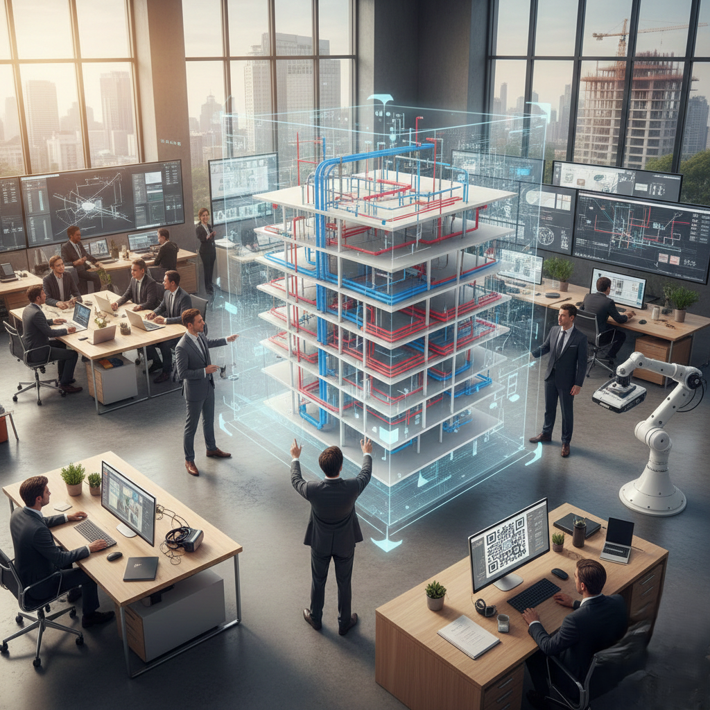 A collaborative BIM workspace visualizing a multi-storey building’s integrated MEP systems through a real-time digital model.