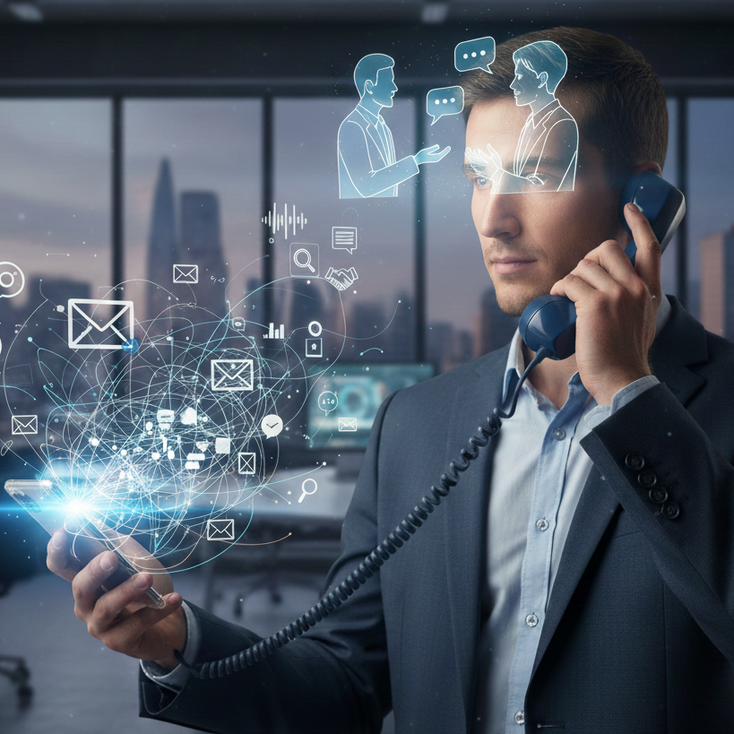 A professional man in a suit standing in a modern office with a London skyline view, holding a smartphone in one hand and a classic telephone receiver to his ear. A creative digital overlay emerges from the phone, featuring icons for emails, web browsing, and analytics, while a glowing hologram above his head depicts two people engaged in a meaningful conversation.
