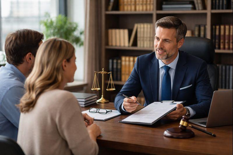 A professional and realistic scene of family law specialists consulting with clients in a modern office, discussing legal documents in a calm and supportive environment, representing expert guidance in family law matters.