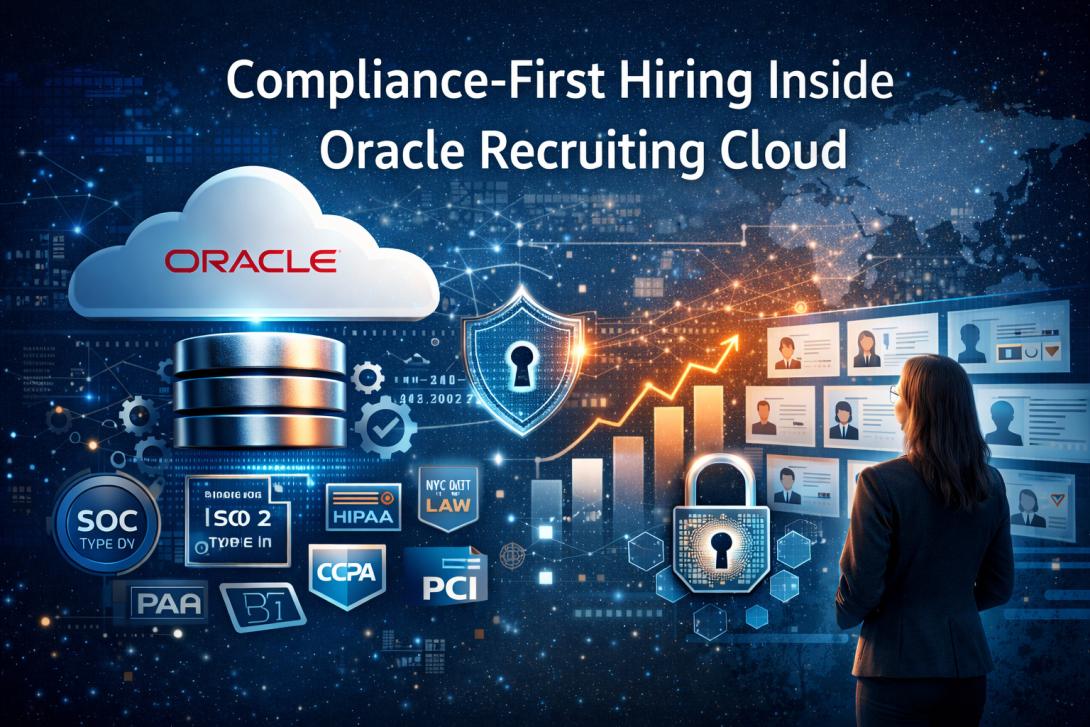"Digital banner illustrating compliance-first hiring inside Oracle Recruiting Cloud, featuring Oracle cloud, glowing database servers, security and compliance certifications (SOC 2, ISO 27001, HIPAA, CCPA), and a professional evaluating candidate profiles amidst a high-tech, data-driven backdrop