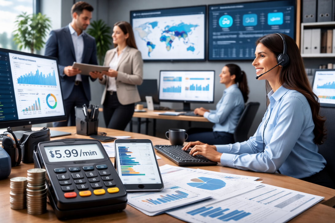 A modern telecom office environment featuring professionals managing premium call services, with agents using headsets and multiple screens displaying call analytics, revenue insights, and performance dashboards. The scene reflects data-driven decision-making, customer engagement, and business growth within a premium rate service operation.