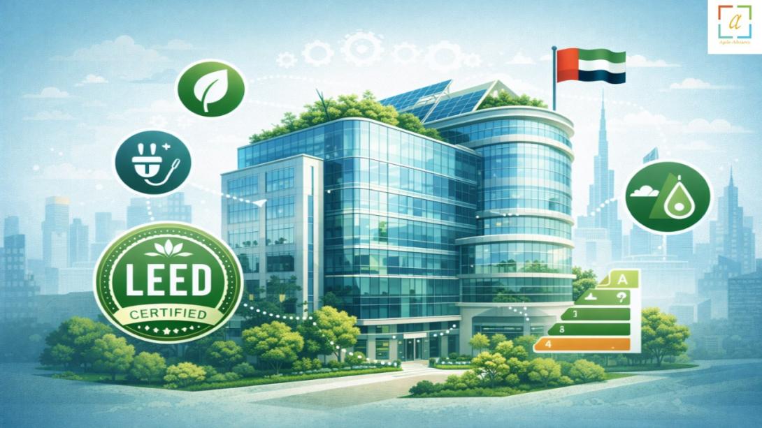 Modern green building in UAE illustrating LEED certification with energy efficient design, sustainability features, and environmental performance elements