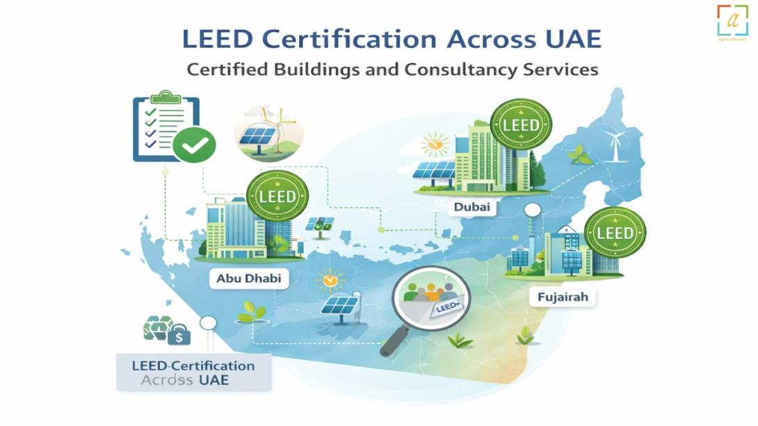 UAE map showing LEED certified buildings, sustainability icons, and consultancy services across the Emirates