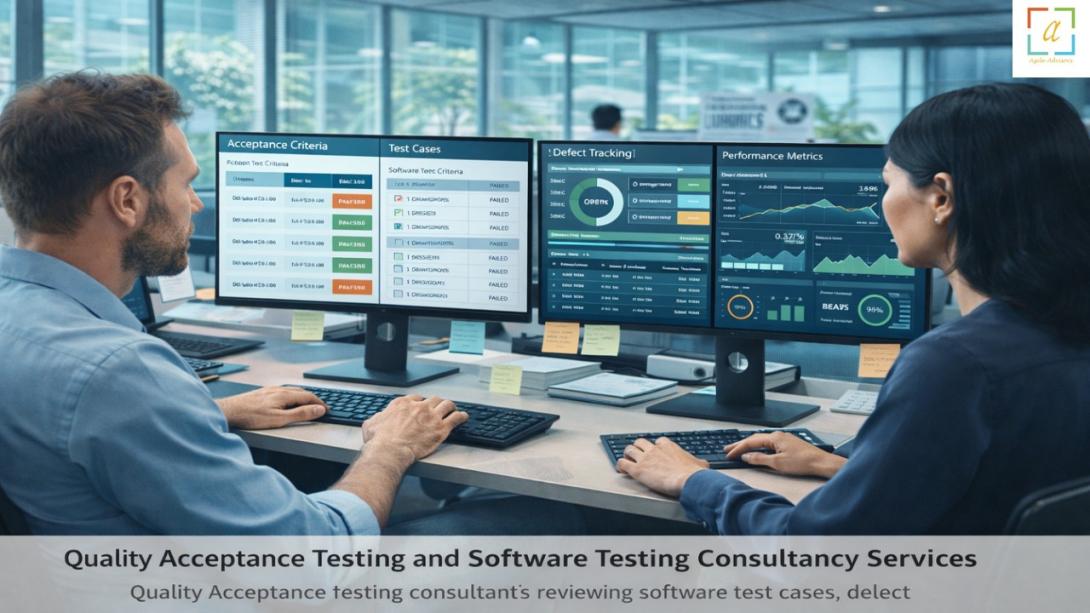 Quality acceptance testing consultants reviewing software test cases, defect tracking dashboards, and performance metrics