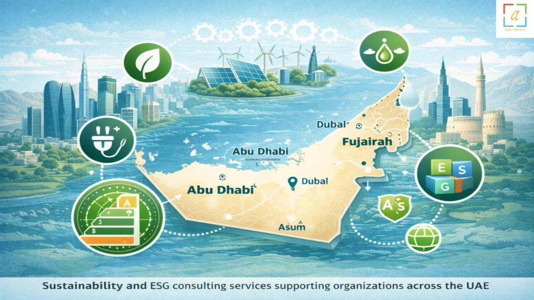 UAE map illustrating sustainability consultancy and ESG consulting services across multiple emirates including Dubai and Abu Dhabi