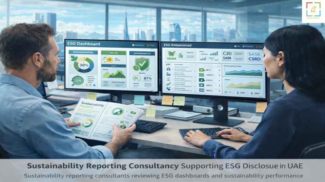 Sustainability reporting consultants reviewing ESG dashboards and sustainability performance metrics in a UAE corporate office