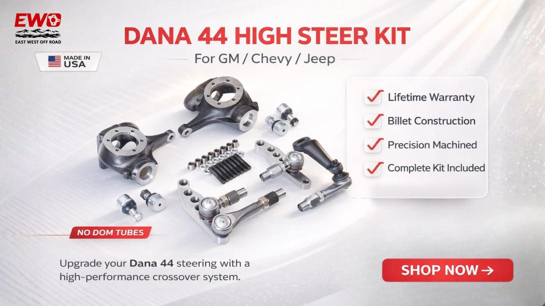 Eliminate bump steer with the ultimate Chevy Dana 44 Crossover Steering Kit. This 1-ton DIY upgrade features billet arms & flat top knuckles. Order yours today!