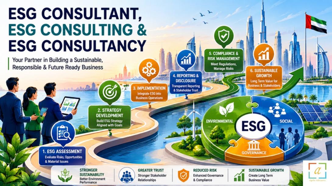 Discover how an ESG consultant, ESG consulting services, and ESG consultancy support UAE organizations in improving compliance, strengthening governance, managing risks, and achieving sustainable business growth through effective environmental, social, and governance strategies.