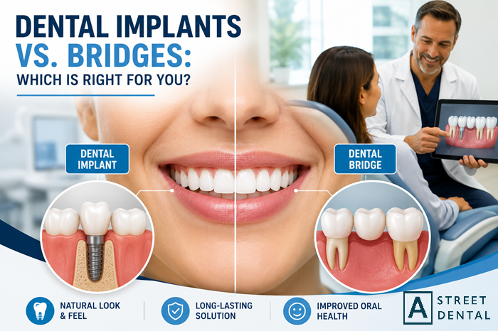 Comparison of dental implants and dental bridges for replacing a missing tooth at a dental clinic in Grants Pass, OR.