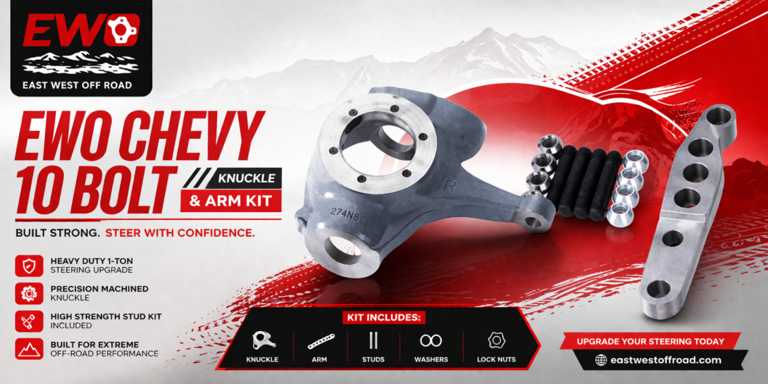 Dana 44 4-Stud Knuckle Upgrade kit with machined Chevy 10 Bolt knuckle, 1.25 inch high steer arm, studs, washers, and lock nuts.